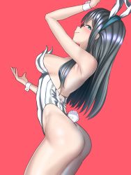Rule 34 | 1girl, absurdres, animal ears, bare legs, black hair, breasts, commentary request, cowboy shot, fake animal ears, glasses, green eyes, highres, kantai collection, leotard, long hair, looking at viewer, ooyodo (kancolle), playboy bunny, profile, rabbit ears, rabbit tail, red background, reizou, silver leotard, simple background, small breasts, solo, standing, tail, thong leotard, wrist cuffs