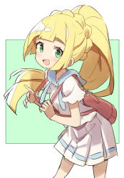 Rule 34 | 1girl, absurdres, backpack, bag, blonde hair, blush, creatures (company), dress, game freak, gazacy (dai), green eyes, highres, lillie (pokemon), long hair, nintendo, open mouth, pokemon, pokemon sm, ponytail, simple background, solo, two-tone background, white dress