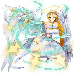 Rule 34 | 1girl, angel, angel wings, bad id, bad pixiv id, bare shoulders, barefoot, blonde hair, blush, braid, breasts, commentary request, detached sleeves, dress, feathered wings, flower, full body, gem, green eyes, hair flower, hair ornament, hairband, halo, highres, holding, holding polearm, holding spear, holding weapon, jewelry, kagiyama (clave), large breasts, long braid, long hair, looking at viewer, magic, necklace, open mouth, original, polearm, simple background, single thighhigh, skindentation, smile, solo, spear, thighhighs, tokyo tenma, very long hair, weapon, white background, white dress, white sleeves, white thighhighs, wings