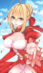 Rule 34 | 10s, 1girl, ahoge, bad id, bad pixiv id, blonde hair, braid, breasts, cleavage, epaulettes, fate/extra, fate/grand order, fate (series), foreshortening, green eyes, large breasts, nero claudius (fate), nero claudius (fate) (all), nero claudius (fate/extra), petals, shisei (kyuushoku banchou), solo