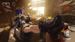 Rule 34 | 1girl, absurdres, arknights, blue eyes, blue hair, bookshelf, chair, computer, crossed legs, demon horns, demon tail, electric fan, globe, gun, halo, henz, highres, horns, ladder, mostima (arknights), office, office chair, phone, shorts, swivel chair, tail, weapon