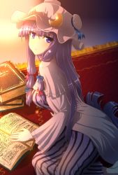 Rule 34 | 1girl, blue bow, blush, book, bow, breasts, crescent, hair bow, hat, highres, kezune (i- -i), large breasts, long hair, looking at viewer, patchouli knowledge, purple eyes, purple hair, red bow, solo, touhou, very long hair