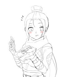 Rule 34 | 1girl, animification, apex legends, belt, blush, cellphone, eating, gloves, hair bun, highres, holding, holding phone, hot dog, looking at viewer, monochrome, niyamu, phone, scarf, single hair bun, sketch, smartphone, solo, spot color, surprised, upper body, white background, wraith (apex legends)