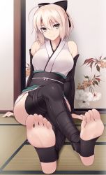 Rule 34 | 1girl, against wall, ahoge, arm guards, bare shoulders, barefoot, black bow, black thighhighs, blonde hair, blush, bow, breasts, collarbone, crossed legs, fate/grand order, fate (series), feet, floral print, foot focus, full body, hair between eyes, hair bow, half updo, highres, japanese clothes, koha-ace, large breasts, no shoes, obi, okita souji (fate), okita souji (koha-ace), ruton-niki, sash, sitting, sleeveless, sliding doors, smile, soles, solo, tatami, thighhighs, thighs, toeless legwear, toes, white bow