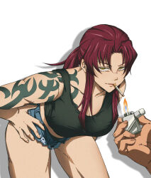 Rule 34 | 1boy, absurdres, arm tattoo, bent over, black lagoon, black tank top, breasts, brown hair, cigarette, cleavage, collarbone, cutoffs, denim, denim shorts, fire, h7356, hair intakes, hand on own hip, highres, holding, holding lighter, lighter, long hair, looking at viewer, medium breasts, mouth hold, out of frame, panties, panty peek, parted lips, ponytail, revy (black lagoon), short shorts, shorts, shoulder tattoo, sidelocks, simple background, solo focus, tank top, tattoo, thighs, underwear, yellow eyes, zippo lighter