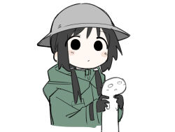 Rule 34 | 1girl, :/, black eyes, black gloves, black hair, blush stickers, brodie helmet, chito (shoujo shuumatsu ryokou), closed mouth, coat, creature, cropped torso, fusazakura, gloves, green coat, green jacket, hair over shoulder, hands up, helmet, holding, holding creature, hood, hood down, hooded coat, jacket, long sleeves, looking at viewer, low twintails, military coat, combat helmet, no pupils, nuko (shoujo shuumatsu ryokou), raised eyebrows, shoujo shuumatsu ryokou, simple background, solo, twintails, white background
