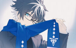 Rule 34 | 1boy, ;), bespectacled, black-framed eyewear, black hair, blue eyes, blue scarf, charlemagne (fate), closed mouth, fate/grand order, fate (series), glasses, grey jacket, hair between eyes, highres, holding, holding clothes, holding scarf, idass (idass16), jacket, light smile, looking at viewer, male focus, multicolored hair, official alternate costume, one eye closed, scarf, shirt, short hair, simple background, smile, solo, streaked hair, upper body, white background, white shirt
