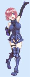Rule 34 | 1girl, aqua background, armor, blue footwear, blue gloves, blue leotard, boots, elbow gloves, fate/grand order, fate (series), full body, gauntlets, gloves, greaves, hair over one eye, halterneck, leotard, looking at viewer, mash kyrielight, oono imo, open mouth, purple eyes, purple hair, short hair, simple background, smile, solo, standing, standing on one leg, thigh boots, thighhighs, waving