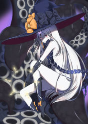 Rule 34 | 1girl, abigail williams (fate), abigail williams (third ascension) (fate), black bow, black panties, bow, fate/grand order, fate (series), grey hair, hat, highres, holding, holding key, kaname (melaninusa09), key, keyhole, long hair, looking at viewer, orange bow, pale skin, panties, polka dot, polka dot bow, red eyes, sitting, smile, solo, tentacles, third eye, underwear, very long hair, witch hat
