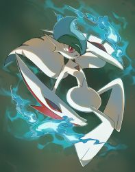 Rule 34 | commentary, creature, creatures (company), english commentary, frown, full body, gallade, game freak, gen 4 pokemon, grey background, mega gallade, mega pokemon, nintendo, no humans, pink eyes, pinkgermy, pokemon, pokemon (creature), simple background, solo