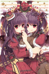 Rule 34 | 2girls, ahoge, bat wings, bell, bow, christmas tree, cream, dress, fur trim, hat, highres, holly, hug, impossible clothes, juliet sleeves, long hair, long sleeves, merry christmas, mini hat, mini top hat, multiple girls, nail polish, open mouth, pleated dress, polka dot, puffy sleeves, purple hair, red eyes, rednian, ribbon, rion flina, short hair, sion flina, smile, star (symbol), striped, sword girls, tongue, tongue out, top hat, turtleneck, very long hair, wings, wreath