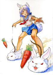 Rule 34 | 1girl, :p, animal ears, animal slippers, blush, bunny slippers, carrot, female focus, food, kyoudyu, midriff, original, purple hair, rabbit ears, rabbit tail, red eyes, school uniform, simple background, skirt, slippers, solo, tail, tongue, tongue out, traditional media