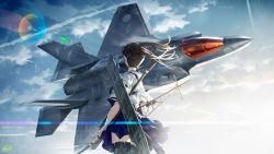 Rule 34 | 1girl, aircraft, airplane, black thighhighs, blew andwhite, blue hakama, bow (weapon), brown hair, f-35, f-35 lightning ii, fighter jet, flipped hair, floating hair, hakama, hakama short skirt, hakama skirt, highres, holding, holding bow (weapon), holding weapon, japanese clothes, jet, kaga (kancolle), kantai collection, long hair, military, military vehicle, muneate, short sleeves, side ponytail, signature, skirt, solo, tasuki, thighhighs, vehicle focus, weapon, yumi (bow)