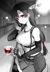 Rule 34 | 1girl, alcohol, asakura ryousuke, bar (place), bare shoulders, belt, black gloves, black skirt, black sports bra, black thighhighs, bracelet, breasts, closed mouth, collarbone, commentary request, counter, crop top, cup, drink, earrings, elbow gloves, elbow rest, final fantasy, final fantasy vii, final fantasy vii remake, fingerless gloves, gloves, greyscale, hand on own face, highres, ice, ice cube, indoors, jewelry, large breasts, light blush, light particles, long hair, looking at viewer, low-tied long hair, midriff, monochrome, navel, pov, red eyes, single earring, sitting, skirt, smile, solo, sports bra, spot color, stool, suspender skirt, suspenders, tank top, thighhighs, tifa lockhart, white tank top, zettai ryouiki
