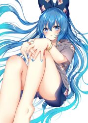 Rule 34 | 1girl, bad id, bad pixiv id, bangle, bare legs, barefoot, blue bow, blue eyes, blue hair, blue nails, blue skirt, blush, bow, bracelet, commentary, debt, feet out of frame, grey hoodie, hair between eyes, hair bow, highres, hood, hoodie, jewelry, knees up, long hair, looking at viewer, miniskirt, nail polish, parted lips, shinonome asu, short sleeves, simple background, sitting, skirt, solo, thighs, touhou, very long hair, white background, yorigami shion