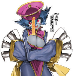 Rule 34 | 1girl, blue hair, blue skin, breasts, claws, cleavage, cleavage cutout, clothing cutout, colored skin, crossed arms, hair between eyes, hat, highres, jiangshi, large breasts, lei lei, looking at viewer, pink eyes, pink hat, qingdai guanmao, short hair, simple background, solo, tabard, thighs, translation request, vampire (game), white background, ysk!