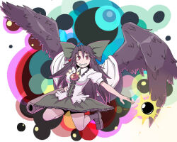 Rule 34 | 1girl, ahoge, arm cannon, bird wings, black sun, blush, bow, breasts, brown hair, brown wings, buttons, cape, center frills, collared shirt, commentary request, control rod, feathered wings, frilled shirt collar, frilled skirt, frills, full body, green bow, green skirt, grin, hair between eyes, hair bow, jumping, kuri dora, long bangs, long hair, looking at viewer, medium breasts, multicolored background, parted bangs, puffy short sleeves, puffy sleeves, red eyes, reiuji utsuho, sharp teeth, shirt, short sleeves, skirt, smile, solo, sun, teeth, third eye, touhou, weapon, white background, white cape, white shirt, wings