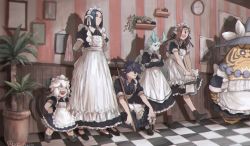 Rule 34 | 6+boys, alternate costume, apron, black dress, black hair, brown hair, clock, closed eyes, crossdressing, crossed arms, dress, enmaided, fengxi (the legend of luoxiaohei), frilled apron, frilled dress, frills, hair over one eye, highres, horns, leaf, long hair, luo xiaohei, luo xiaohei (human), luo xiaohei zhanji, luozhu (the legend of luoxiaohei), maid, multiple boys, open mouth, ote 0420, plant, pointy ears, potted plant, shadow, smile, tianhu (the legend of luoxiaohei), twitter username, white apron, wuxian (the legend of luoxiaohei), xuhuai (the legend of luoxiaohei)