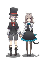 Rule 34 | 1boy, 1girl, absurdres, aged down, alternate costume, alternate hairstyle, animal ear fluff, animal ears, black capelet, black footwear, black pantyhose, black shorts, blue bow, blue bowtie, blunt bangs, boots, bow, bowtie, capelet, cat ears, cat girl, cat tail, child, commentary request, dress, full body, genshin impact, grey hair, hand on own chest, hat, highres, holding hands, knee boots, long hair, long sleeves, looking at viewer, lynette (genshin impact), lyney (genshin impact), pantyhose, parted bangs, pinafore dress, purple eyes, qixia, red bow, red bowtie, shadow, shoes, shorts, siblings, sidelocks, simple background, sleeveless, sleeveless dress, standing, tail, top hat, twins, white background