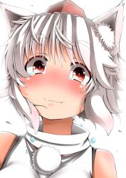 Rule 34 | 1girl, animal ears, blush, crying, crying with eyes open, eyebrows, fang, hat, highres, inubashiri momiji, looking at viewer, red eyes, shishi juuroku, short hair, simple background, solo, tears, thick eyebrows, tokin hat, touhou, upper body, white background, white hair, wolf ears