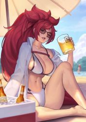 Rule 34 | 2girls, alcohol, amputee, baiken, bare shoulders, beach, beer, beer bottle, bikini, blue sky, breasts, cleavage, cloud, collarbone, spiked halo, cooler, cup, facial mark, guilty gear, guilty gear strive, halo, highres, holding, holding cup, huge breasts, jack-o&#039; valentine, jacket, long hair, looking at viewer, multiple girls, navel, ocean, one-eyed, phamoz, ponytail, red eyes, red hair, red lips, sand, scar, scar across eye, scar on face, shaded face, sitting, sky, solo, stomach, swimsuit, thighs, toned, white bikini, white jacket