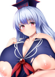 Rule 34 | 1girl, blue hair, blush, breasts, cleavage, closed mouth, collarbone, deep skin, dress, hat, highres, huge breasts, kamishirasawa keine, katou kaiou, nipples, penis, pink eyes, solo focus, sweat, torn clothes, torn dress, touhou, white background