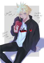 Rule 34 | 1boy, ah yoshimizu, black jacket, black pants, blonde hair, blue eyes, blush, casual, cloud strife, commentary request, drink, drinking straw, drinking straw in mouth, earrings, english text, eyelashes, final fantasy, final fantasy vii, final fantasy vii remake, highres, holding, holding drink, jacket, jewelry, lips, looking at viewer, male focus, pants, shirt, short hair, single earring, sitting, solo, spiked hair, tifa lockhart, white shirt