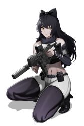 Rule 34 | 1girl, bare shoulders, black bow, black footwear, black pantyhose, blake belladonna, bow, cero (last2stage), commentary, commission, detached sleeves, english commentary, gun, hair bow, highres, holding, holding gun, holding weapon, kriss vector, long hair, looking at viewer, navel, osprey 45, pantyhose, pantyhose under shorts, parted lips, polygonal suppressor, resolution mismatch, rwby, short shorts, shorts, simple background, skindentation, solo, source larger, submachine gun, suppressor, weapon, white background, white shorts, yellow eyes