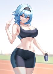 Rule 34 | 1girl, alternate costume, bare shoulders, bike shorts, black hairband, blue hair, breasts, can, cleavage, collarbone, commentary request, crossed bangs, drink, eula (genshin impact), genshin impact, gradient eyes, hair between eyes, hairband, hand up, highres, holding, holding can, holding drink, index finger raised, large breasts, looking at viewer, medium hair, midriff, multicolored eyes, navel, outdoors, parted lips, purple eyes, revision, running track, shinalpha, smile, solo, sports bra, stomach, sweat, thighs, wide hips