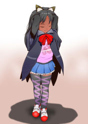 Rule 34 | 1girl, animal ears, black hair, child, closed eyes, closed mouth, female focus, full body, gradient background, j7w, long hair, original, shadow, shoes, skirt, solo, standing, tan, thighhighs