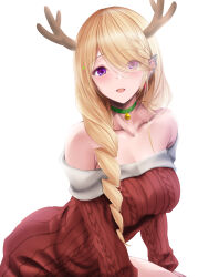 Rule 34 | 1girl, aki rosenthal, antlers, blonde hair, braid, braided ponytail, breasts, choker, cleavage, fur-trimmed sweater, fur trim, green choker, hair over one eye, highres, hololive, horns, large breasts, long hair, looking at viewer, maho (yakimorokoshi), open mouth, purple eyes, red sweater, reindeer antlers, smile, solo, sweater, swept bangs, virtual youtuber