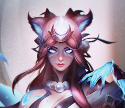 Rule 34 | 1girl, ahri (league of legends), animal ears, blue eyes, breasts, cleavage, close-up, closed mouth, commentary, english commentary, facial mark, fingernails, fox ears, fox girl, glowing, glowing eyes, glowing hand, gradient hair, hair ornament, jewelry, league of legends, long hair, looking at viewer, medium breasts, multicolored hair, necklace, official alternate costume, official alternate hairstyle, pink hair, portrait, sharp fingernails, shoulder tattoo, smile, snow moon ahri, solo, tattoo, whisker markings, zhouzx1026