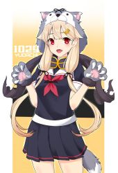 Rule 34 | 1girl, animal hands, black ribbon, black serafuku, black skirt, blonde hair, character name, commentary request, cowboy shot, curled fingers, dated, fangs, gloves, gradient background, hair flaps, hair ornament, hair ribbon, hairclip, highres, kantai collection, kukurus, long hair, looking at viewer, neckerchief, paw gloves, paw pose, red eyes, red neckerchief, ribbon, school uniform, serafuku, skirt, solo, tail, tress ribbon, wolf hood, wolf tail, yellow background, yuudachi (kancolle), yuudachi kai ni (kancolle)