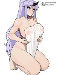 Rule 34 | 1girl, breasts, cleavage, closed mouth, covering privates, donburi (donburikazoku), full body, horns, large breasts, long hair, looking at viewer, nude cover, ponytail, purple hair, shion (tensei shitara slime datta ken), sidelocks, simple background, single horn, smile, solo, tensei shitara slime datta ken, very long hair, white background