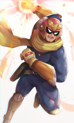 Rule 34 | 1boy, captain falcon, f-zero, fire, gloves, gonzarez, helmet, highres, incoming attack, incoming punch, male focus, muscular, nintendo, open mouth, powering up, punching, running, scarf, simple background, solo, tagme, white background, white eyes