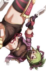 Rule 34 | 1girl, apopo, black gloves, black mask, black shorts, breasts, commentary request, covered mouth, crop top, cropped jacket, genshin impact, gloves, green hair, hair between eyes, hair ornament, handstand, highres, holding, holding sword, holding weapon, jacket, kuki shinobu, looking at viewer, mask, medium breasts, midriff, mouth mask, navel, one arm handstand, open clothes, open jacket, partially fingerless gloves, ponytail, purple eyes, purple jacket, purple rope, rope, short shorts, shorts, sidelocks, simple background, solo, sword, thighhighs, upside-down, weapon, white background