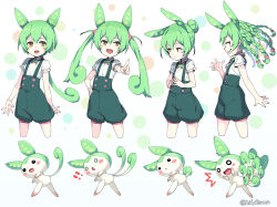 Rule 34 | !, !!, 1girl, ^^^, alternate hairstyle, alternate tail, averting eyes, blush stickers, braid, commentary request, creature, creature and personification, cropped legs, extra tails, fang, green brooch, green hair, green shorts, hair bun, hair ribbon, hand on own hip, hibi tsuna, looking at viewer, looking to the side, low ponytail, multiple braids, multiple tails, multiple views, open mouth, pink ribbon, pointing, pointing at viewer, profile, puffy shorts, ribbon, sharp teeth, shirt, short sleeves, shorts, smile, steepled fingers, suspender shorts, suspenders, tail, teeth, twintails, two tails, v-shaped eyebrows, variations, voiceroid, voicevox, waving, white shirt, yellow eyes, zundamon