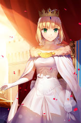 Rule 34 | 1girl, ahoge, artoria pendragon (all), artoria pendragon (fate), backlighting, blonde hair, bow, breasts, building, cape, choker, closed mouth, collarbone, crown, curtains, dress, elbow gloves, fate/stay night, fate (series), fur collar, fur trim, gem, gloves, green eyes, medium breasts, official alternate costume, petals, rose petals, saber (fate), short hair, smile, solo, sparkle, standing, sunlight, vmax-ver, white bow, white cape, white dress, white gloves