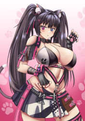 Rule 34 | 1girl, :&lt;, absurdres, animal ear fluff, animal ears, bare shoulders, bikini, black bikini, black gloves, black nails, black skirt, blue eyes, blush, bow, breasts, brown hair, cat ears, cat girl, chest harness, cleavage, closed mouth, clothing cutout, commentary, detached collar, ear ribbon, elbow gloves, english commentary, fingerless gloves, gloves, goddess of victory: nikke, gradient background, groin, hair ornament, hairclip, hand up, harness, heterochromia, highres, large breasts, long hair, looking at viewer, navel, nero (nikke), paw pose, paw print, paw print background, pink background, pink eyes, pleated skirt, pouch, ramiki (ramesgoag), ribbon, shoulder cutout, sidelocks, skindentation, skirt, solo, standing, stomach, string bikini, swimsuit, twintails, two-tone bikini, two-tone skirt, white bikini, white skirt, wristband