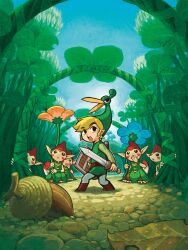 Rule 34 | 6+boys, absurdres, acorn, belt, blonde hair, blue flower, blue sky, brown belt, day, ezlo, flower, green headwear, green tunic, highres, holding, holding sword, holding weapon, link, minish, multiple boys, nintendo, official art, open mouth, orange flower, outdoors, pointy ears, red headwear, shield, short hair, sky, sword, the legend of zelda, the legend of zelda: the minish cap, third-party source, toon link, weapon