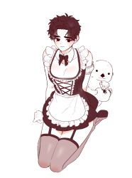 Rule 34 | 1girl, apron, armband, bag, bear, bow, bowtie, breasts, cleavage, commentary request, dead by daylight, detached collar, dress, frilled dress, frills, full body, garter straps, genderswap, genderswap (mtf), greyscale, highres, holding, holding bag, jake park, korean commentary, maid, medium breasts, monochrome, seiza, short dress, sitting, solo, sweatdrop, thighhighs, tongchock, waist apron