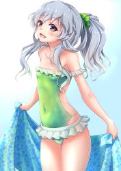 Rule 34 | 1girl, absurdres, alternate costume, alternate hairstyle, bare shoulders, blue background, blue towel, blush, breasts, casual one-piece swimsuit, collarbone, frilled swimsuit, frills, gradient background, green one-piece swimsuit, hair between eyes, hair ornament, highres, holding, holding towel, kantai collection, long hair, looking at viewer, makura (14600189), one-piece swimsuit, open mouth, ponytail, silver hair, small breasts, smile, solo, swimsuit, towel, wavy hair, yamagumo (kancolle)