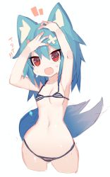 Rule 34 | 1girl, animal ear fluff, animal ears, armpits, bikini, blue hair, breasts, cleavage, cowboy shot, cropped legs, hands on own head, hip focus, mamuru, navel, open mouth, original, red eyes, simple background, sketch, small breasts, solo, string bikini, striped bikini, striped clothes, swimsuit, tail, tears, white background
