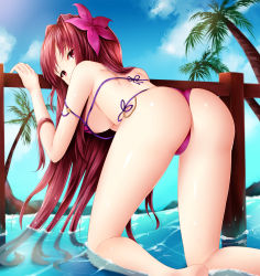 Rule 34 | 1girl, adapted costume, arm at side, ass, back, bare arms, bare legs, bare shoulders, barefoot, beach, bikini, blue sky, bracelet, breasts, cloud, cloudy sky, commentary request, day, fate/grand order, fate (series), fingernails, flower, from behind, hair flower, hair intakes, hair ornament, hand up, hibiscus, highres, jewelry, kneeling, large breasts, legs apart, long fingernails, long hair, looking at viewer, looking back, navel, ocean, outdoors, palm tree, partially submerged, pink bikini, purple bikini, purple flower, purple hair, red eyes, red hair, scathach (fate), scathach (fate/grand order), scathach (swimsuit assassin) (fate), shiny skin, shoulder blades, side-tie bikini bottom, sidelocks, sky, solo, strap gap, strap slip, string bikini, swimsuit, thong bikini, tree, underboob, very long hair, wading, water, wsman