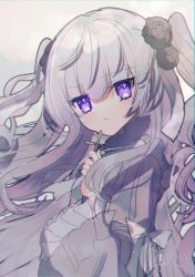 Rule 34 | + +, 1girl, bow, cross, dress, dress bow, frilled sleeves, frills, frown, grey dress, grey hair, highres, holding, holding cross, long hair, long sleeves, looking at viewer, mogmogyasai, original, purple eyes, simple background, solo, upper body, white background, white bow