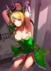 Rule 34 | 1girl, a1 (initial-g), armpits, arms behind head, arms up, ayase eli, bare arms, bare legs, bare shoulders, bdsm, blonde hair, blue eyes, blush, bondage, bound, bound wrists, breasts, chain, chained, chained wrists, cleavage, collarbone, cosplay, cuffs, dress, embarrassed, embroidered dress, embroidery, forehead jewel, green dress, hairband, handcuffs, helmet, long hair, looking at viewer, love live!, love live! school idol project, medium breasts, ponytail, restrained, riesz, riesz (cosplay), scrunchie, seiken densetsu, seiken densetsu 3, short dress, sleeveless, sleeveless dress, solo, strapless, strapless dress, sweat, swept bangs, tube dress, vambraces, white scrunchie, winged helmet
