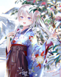 Rule 34 | 1girl, 2020, 9a-91 (girls&#039; frontline), 9a-91 (purifying arrow flowers and dreams) (girls&#039; frontline), absurdres, blush, brown hakama, day, floral print, flower, girls&#039; frontline, hair between eyes, hair flower, hair ornament, hakama, hakama skirt, highres, japanese clothes, kimono, long hair, new year, official alternate costume, open mouth, outdoors, pink flower, ponytail, pottsness, signature, silver hair, skirt, snow, snowing, solo, wide sleeves