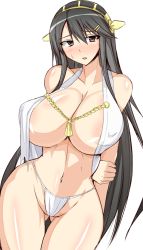 Rule 34 | 10s, 1girl, areola slip, bare shoulders, black hair, blush, breasts, brown eyes, collarbone, curvy, female focus, hair ornament, haruna (kancolle), huge breasts, kantai collection, long hair, musuka (muska), navel, no bra, open clothes, panties, shiny skin, simple background, solo, standing, sweatdrop, thigh gap, torn clothes, underwear, very long hair, white background, white panties, wide hips