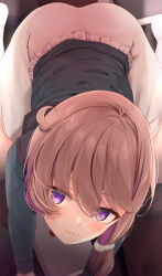 Rule 34 | all fours, black sailor collar, black sweater vest, book, brown hair, commentary request, cowlick, d:, from above, green shirt, grimace, hair between eyes, hair ornament, hair scrunchie, head tilt, highres, komone ushio, light blush, long sleeves, looking at viewer, looking up, medium hair, multicolored hair, nervous, on ground, open mouth, original, pink skirt, purple eyes, purple hair, sailor collar, scrunchie, shirt, side ponytail, skirt, socks, solo, streaked hair, sweater vest, teeth, tiles, white socks