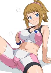 Rule 34 | 1girl, bike shorts, blue eyes, breasts, brown hair, gundam, gundam build fighters, gundam build fighters try, haruhisky, highres, hoshino fumina, large breasts, looking at viewer, midriff, navel, ponytail, scrunchie, short hair, simple background, solo, sports bra, spread legs, sweat, two-tone sports bra, white background